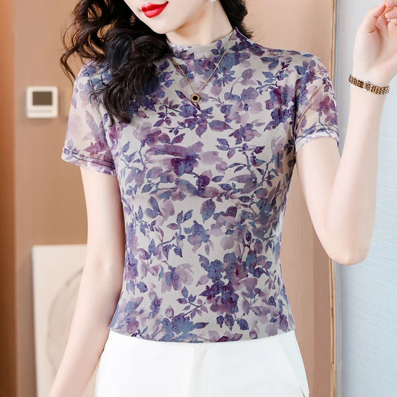 2024 Summer Women Clothes New Fashion Mesh Tops Casual Floral Printed Shirt Slim Short Sleeve T shirt