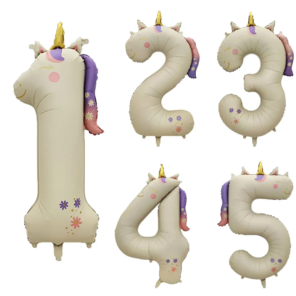 40 Zoll Cremefarbener Einhorn-Zahlenfolienballon 1 2 3 5 Ziffern Thema Geburtstagsparty-Ballon Kinder 1. Geburtstag Globos Babyparty-Dekoration