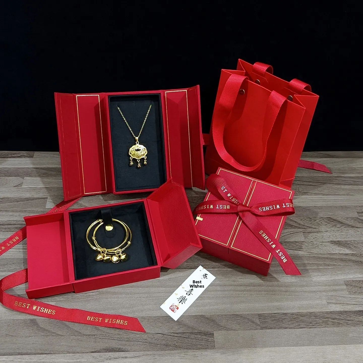 Retro Red Gift Box High End  Knot Baby Bracelet Longevity Lock Necklace Jewelry Storage Packaging Rectangular Shape