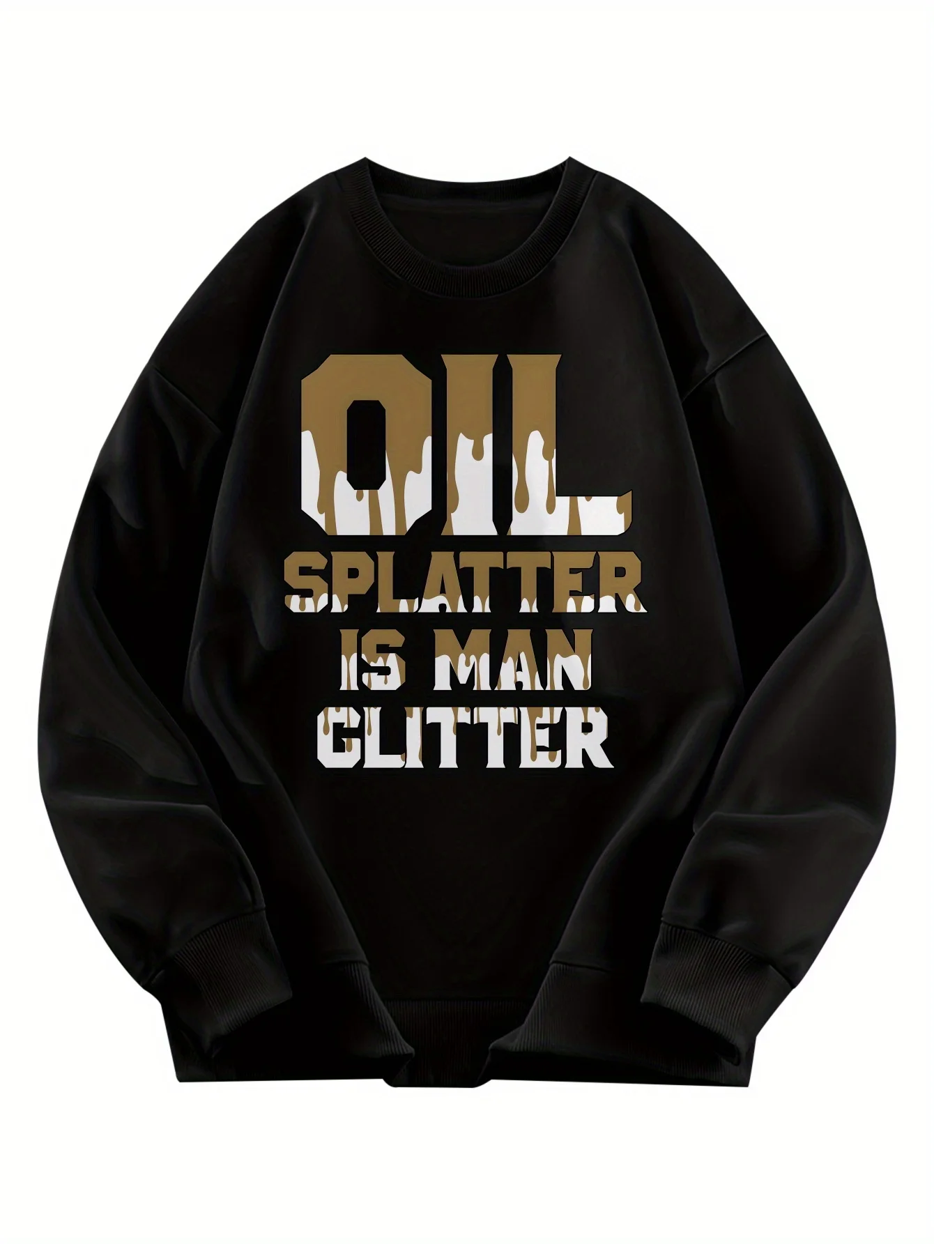 سويت شيرت رجالي بطبعة شحم أسود مع علامة "قطرات زيت" ذهبية و"لامعة للامعة" - قفزة كاجوال برقبة دائرية #1