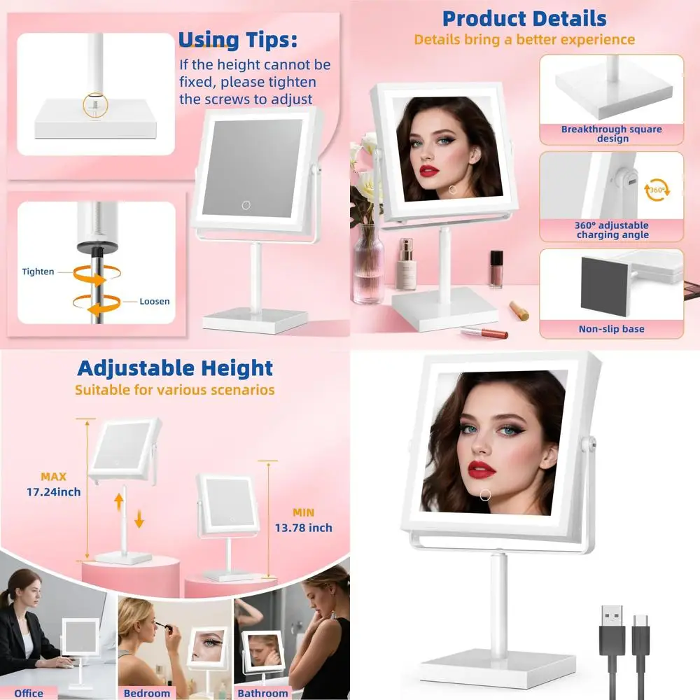 مرآة زينة LED بارتفاع قابل للتعديل مع بطارية 4000 مللي أمبير في الساعة، تكبير 1X/10X، 3 ألوان فاتحة، و360 ° دوران (أبيض) #1