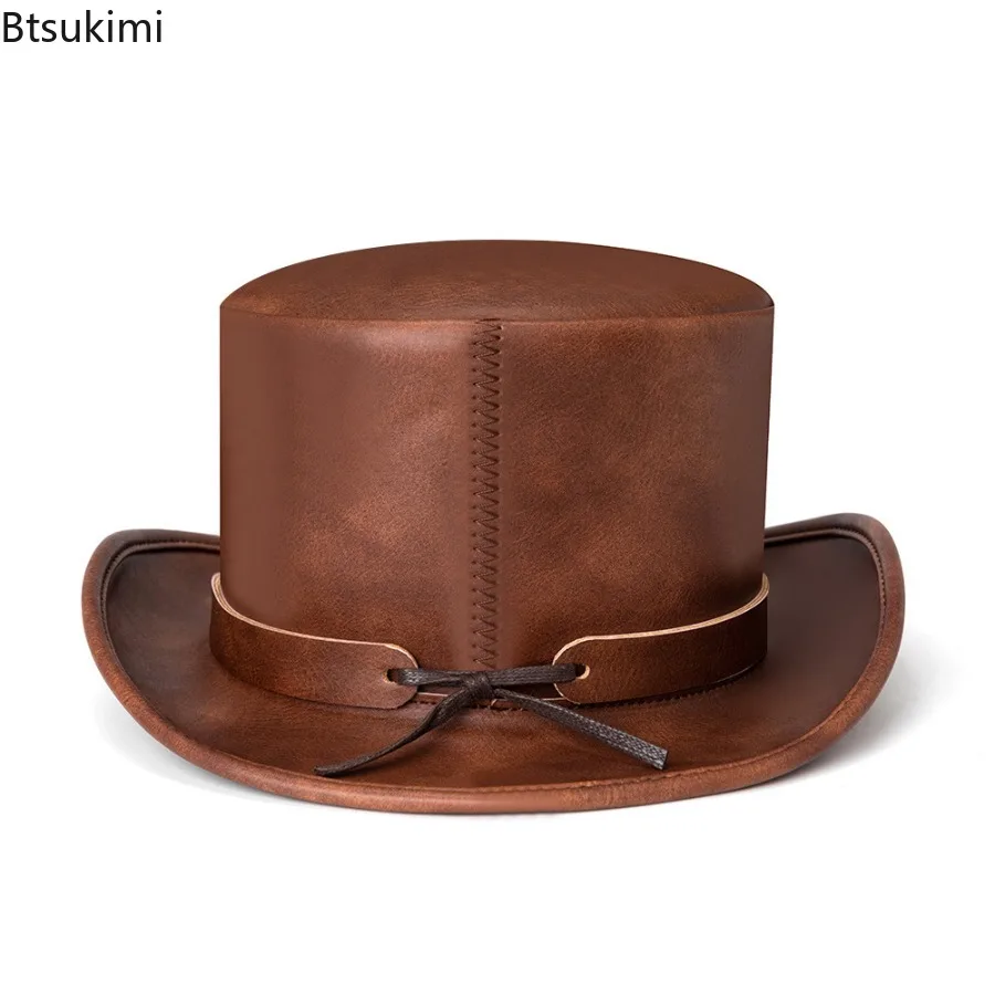 Vintage Medieval Knight Hat Steampunk PU Leather Dome Hat Unisex Top Hat  for Halloween Cosplay Party Magic Show Costume Props