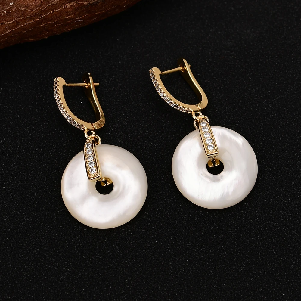 G-G Natural White Sea Shell Pearl Ping buckle Zircon Crystal Paved Gold Plated Stud Dangle Earrings Handmade Women Jewelry Gifts