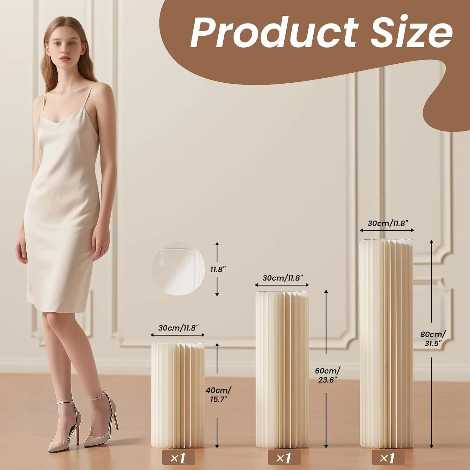 3-Pack White Portable Cylinder Stands for Parties, Foldable Cardboard Cake Pedestal & Flower Floral Pillar Table Stands, 31.5/23.6/15.7 in Tall, Cilindros para Fiestas Redondos Blancos for Weddings & Parties