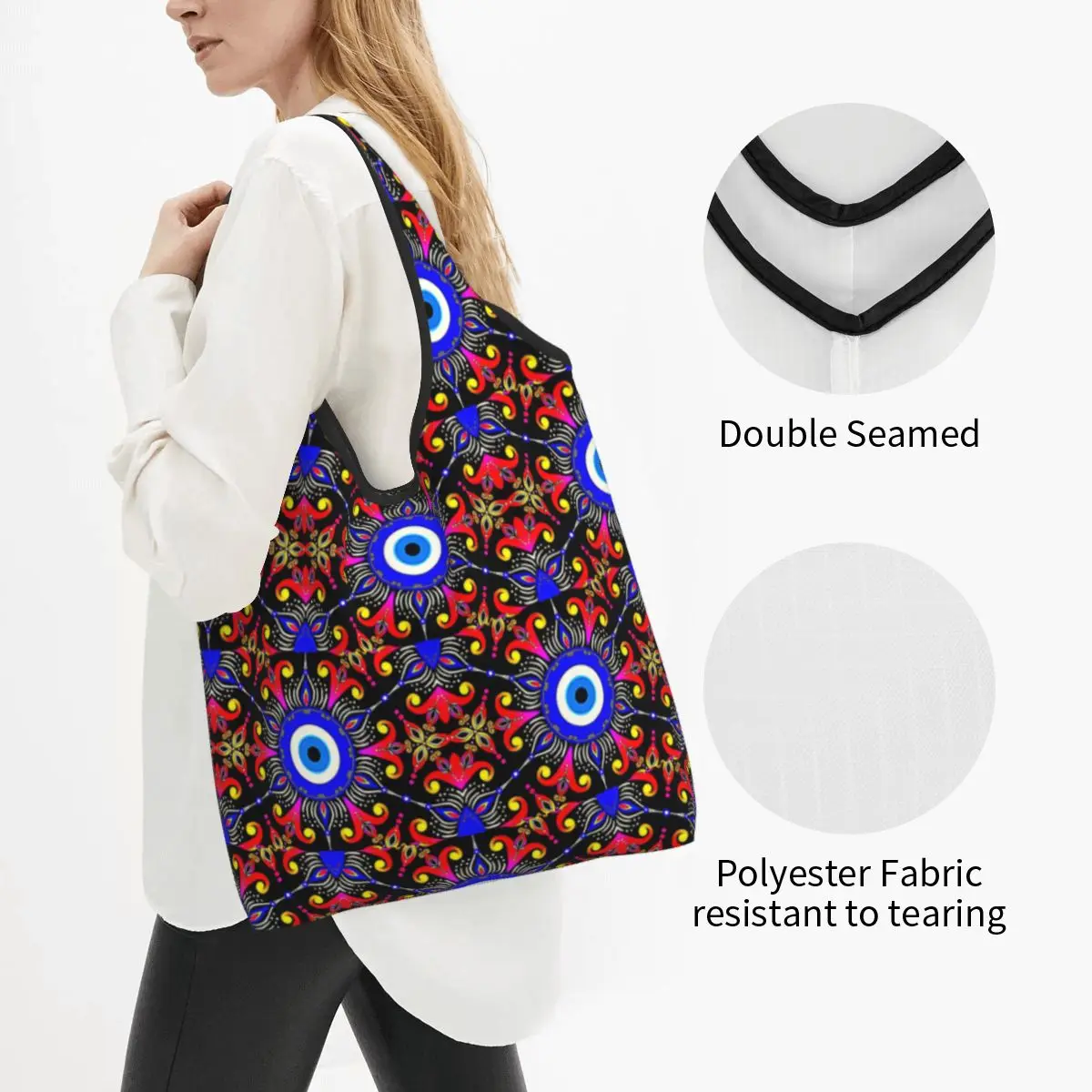 Fashion Mediterranean Evil Eye Shopping Tote Bag Portable Turkish Amulet Culture Grocery Shopper Shoulder Bag