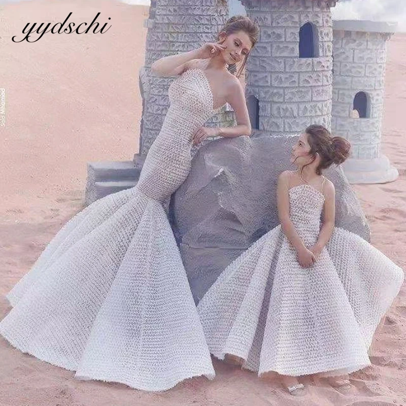 

Customized Elegant Sequins Ivory Mother and Daughter Prom Gown Mermaid Strapless Flower Girl Dress Princess Wedding Kid Gowns