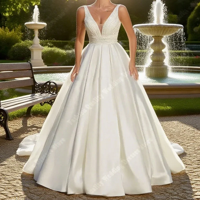 

Deep-V Neck Sleevelss Women Wedding Dresses Sexy Tulle A-Line Bridal Gowns Ball Mopping Length Vestidos Customized