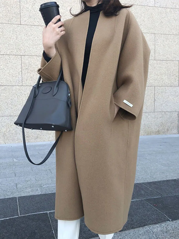 [EWQ] Simple Multi Colors Brown Beige Black Woolen Double-faced Cashmere Coat Overcoat Outerwear 2024 Autumn Winter New 16U5541