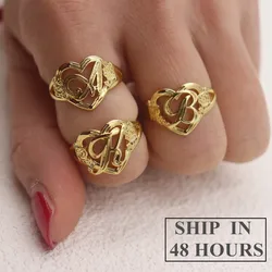 Gold Personalized Initials Heart Adjustable Ring For Women Fashion Party Jewelry Custom A-Z Letter Flower Rings Friendship Gift