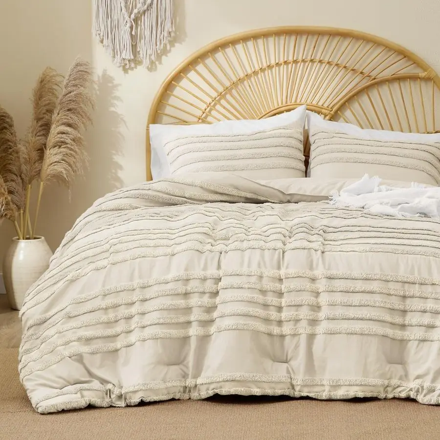

Boho King Size Comforter Set Beige Tufted Striped Bed Set 3 Pieces, Soft Vintage Farmhouse Comforter for All Seasons, Boho Home