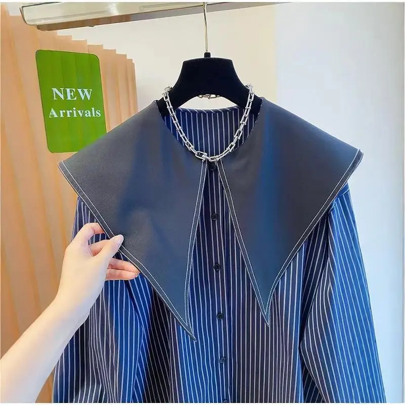 plus Size 300 Pou Fat MM Doll Collar Long Sve irt 2024 Autumn New Loose Striped Large Collar Blouse Korean Sle Comm...