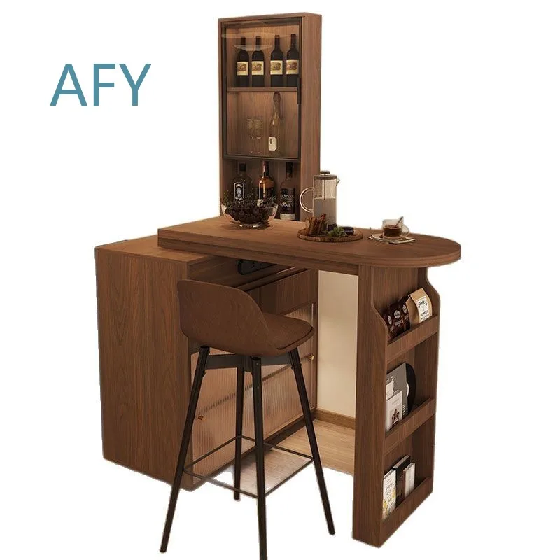 Solid Wood Retro Bar Counter for Home Living Room for Small Space for Apartment for Studio for Office Retractable Table Solid