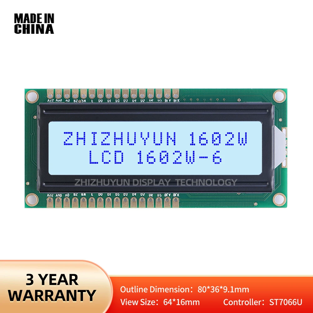 สปอตสินค้า1602W-6สองแถวหน้าจอ LCD ฟิล์มสีเทาโมดูลจอ LCD แบบอักษรสีฟ้า16X2ไลบรารีหลายคำที่หน้าต่างใหญ่