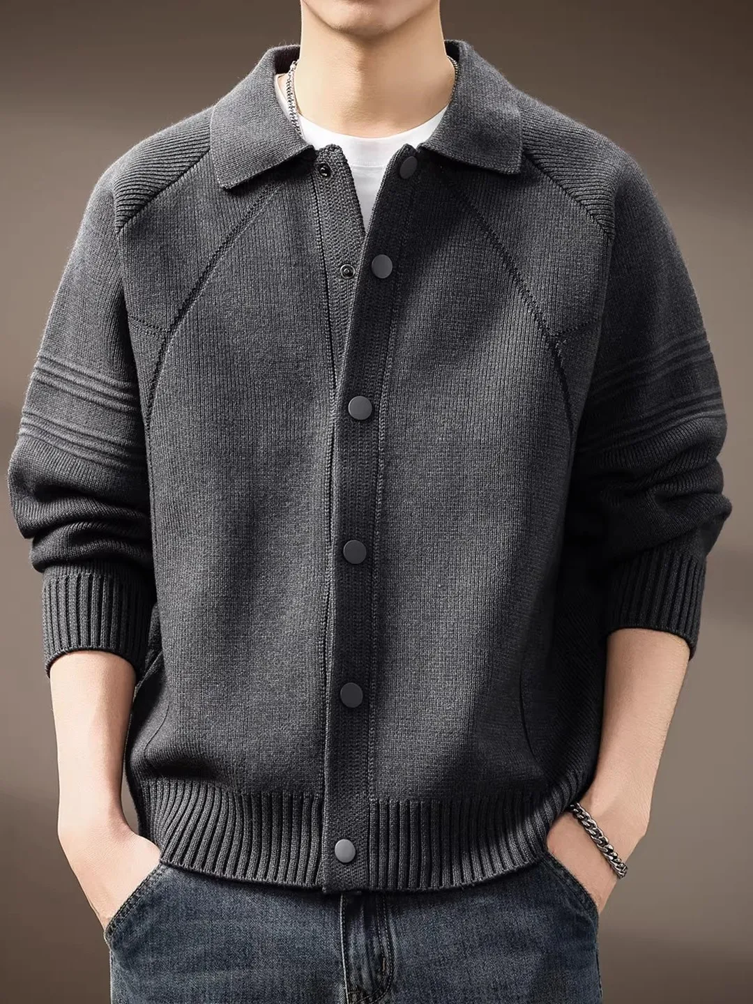 

Мужской утепленный повседневный вязаный кардиган с отложным воротником, свободного кроя, больших размеров, премиум-класса, осенне-зимняя новинка