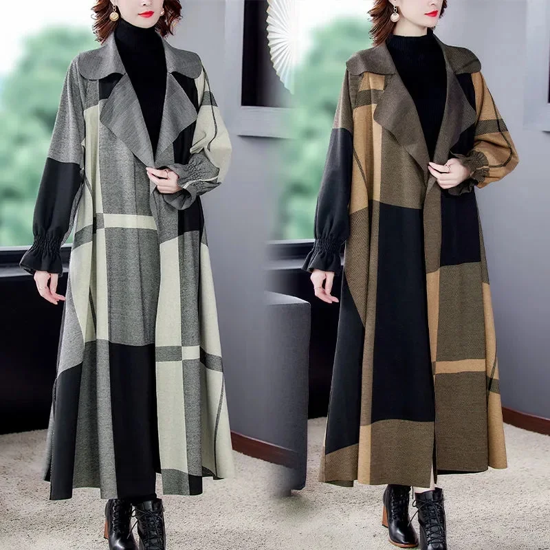 High Quality Windbreaker Women's 2022 Autumn New Loose Temperament Middle-Aged Mother Long Plaid Woolen Coat Spring Trench Coat