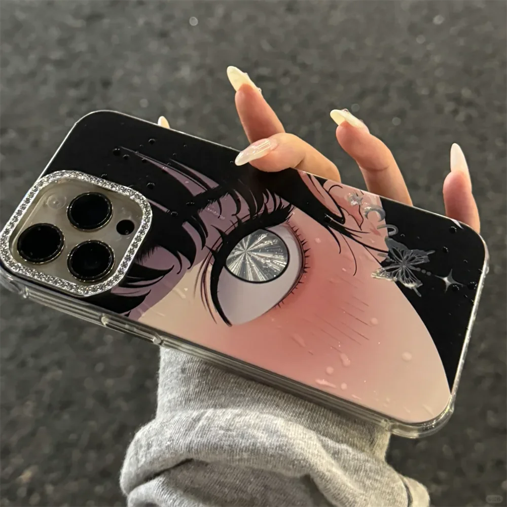 Luxury Anime Girl Bling Laser Tear Phone Case For iPhone 15 13 14 12 Pro Max Diamond Radiant Lens Protection Soft Silicone Cover