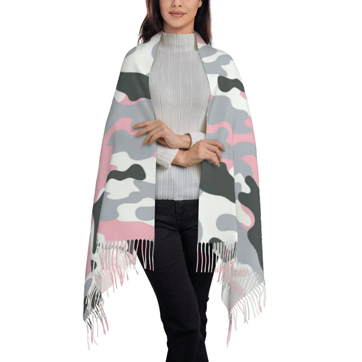 Camo Print Pink Camouflage Scarf Tassel Scarves Women Soft Warm Shawls and Wraps Long Fall Winter Shawl Wrap