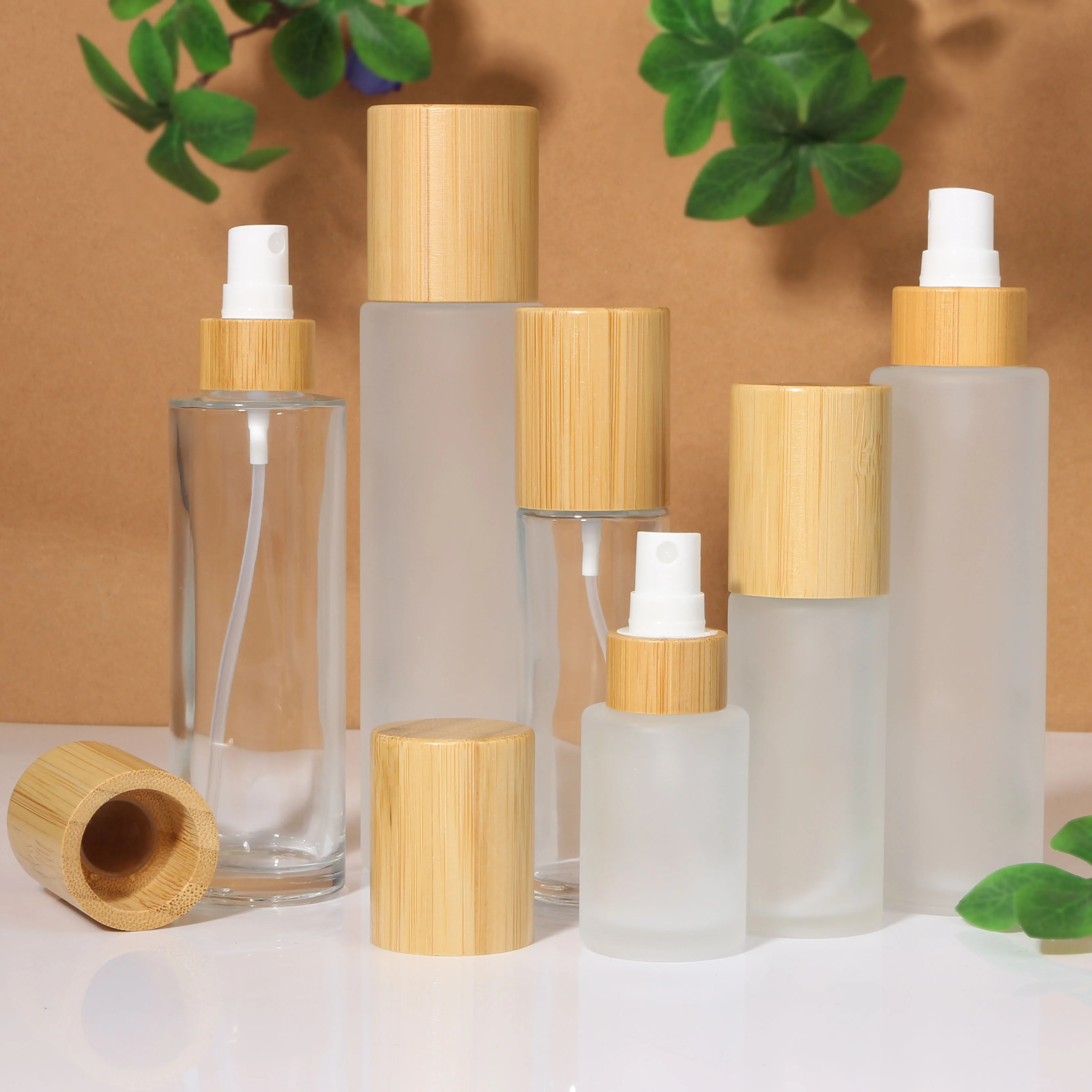 Botella vacía con pulverizador de vidrio esmerilado con tapa de bambú, dispensador de niebla fina para contenedores de artículos de tocador de Perfume líquido, 150ml, 120ml y 100ML