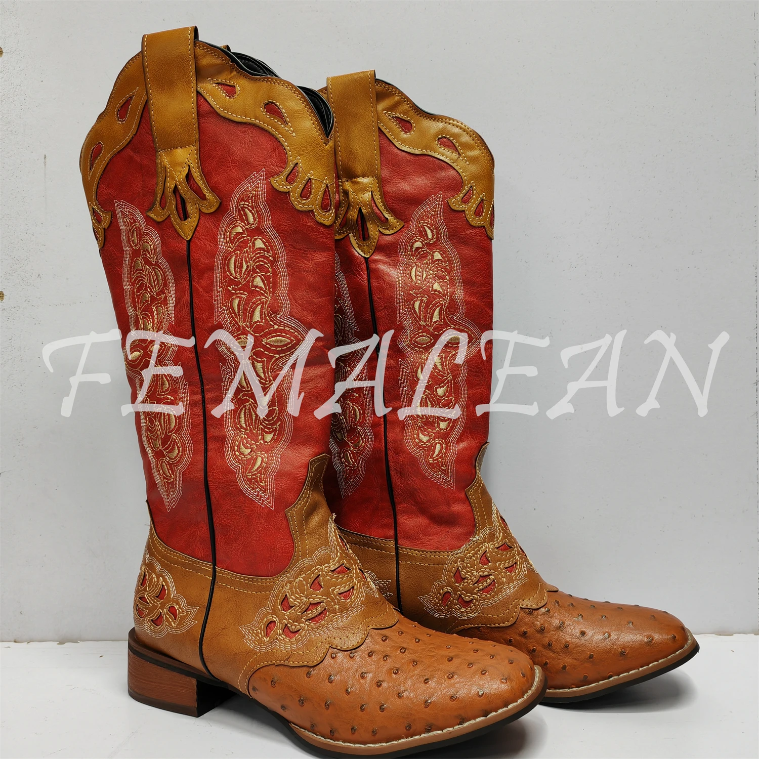 FEMALEAN 2023 Women Brown Round Toe Calf Heels Leather Vintage Western Texana Cowboy Boots Ladies Shoes On Offer