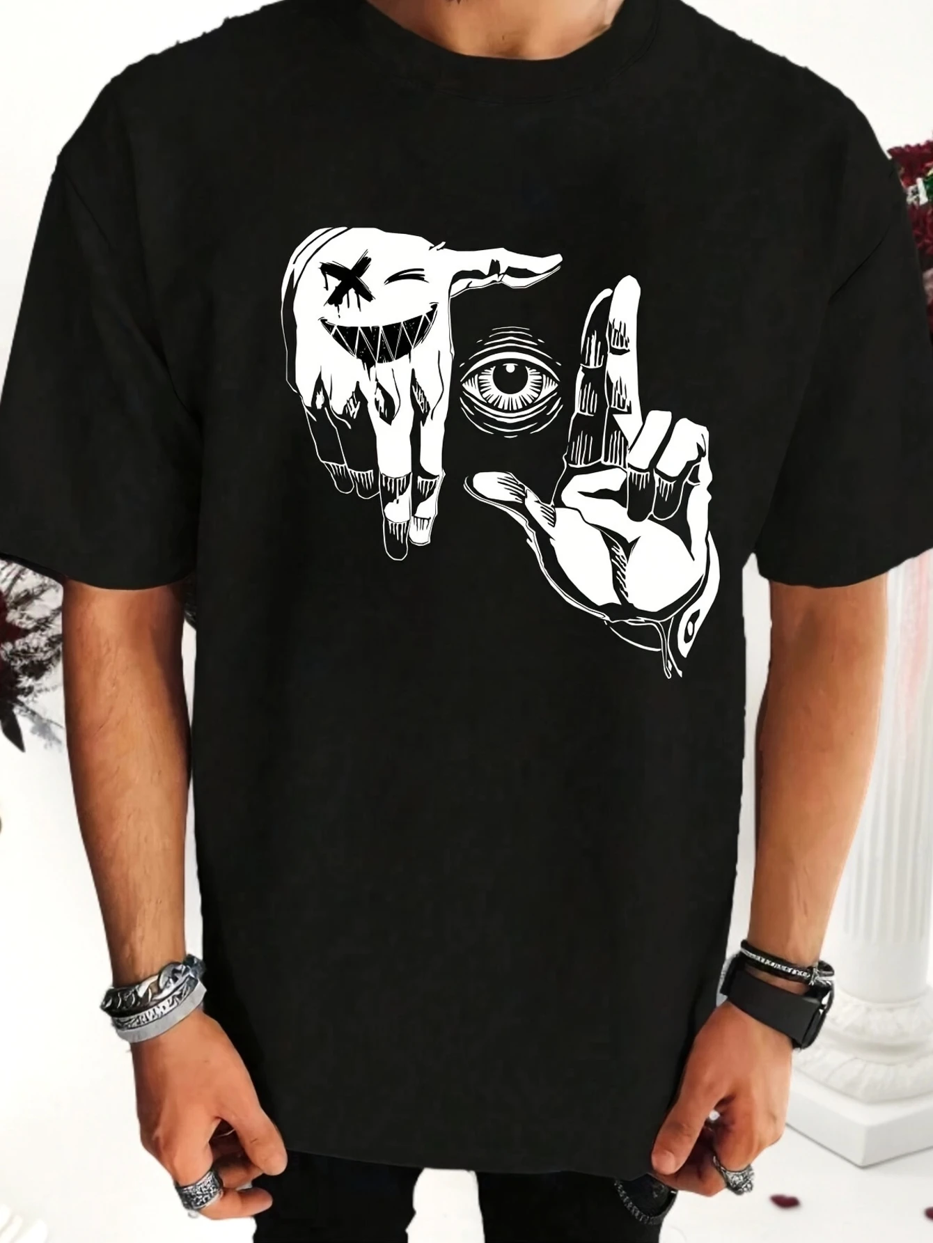 

Stylish Crew Neck Short-Sleeve T Shirt for Men Soft Polyester Blend Casual Summer Top with Unique Gesture Print Breathable