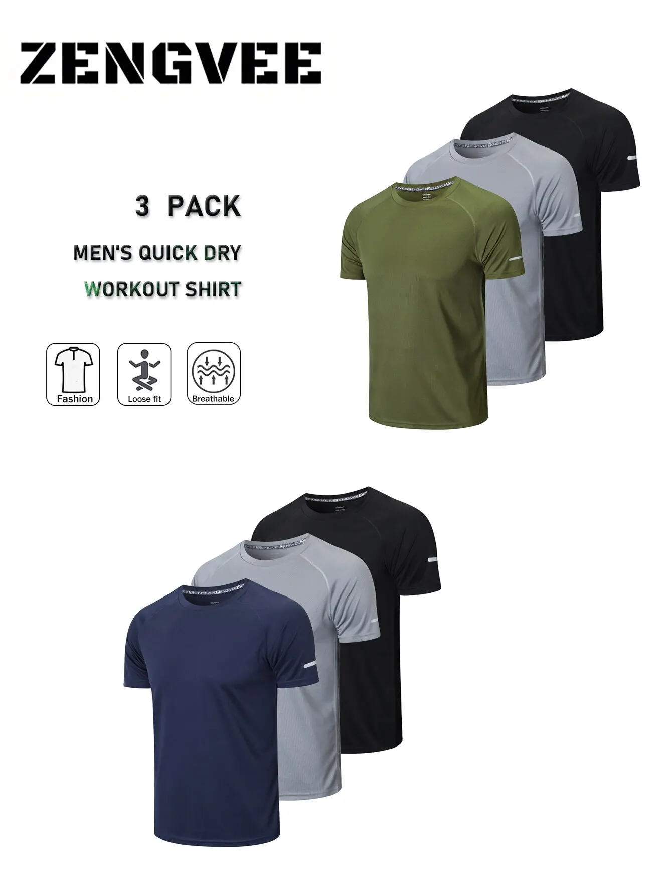 ZengVee Lot de 3 chemises de course hommes Dry-Fit entraînement évacuation de l'humidité Active Athletic Sport Tops