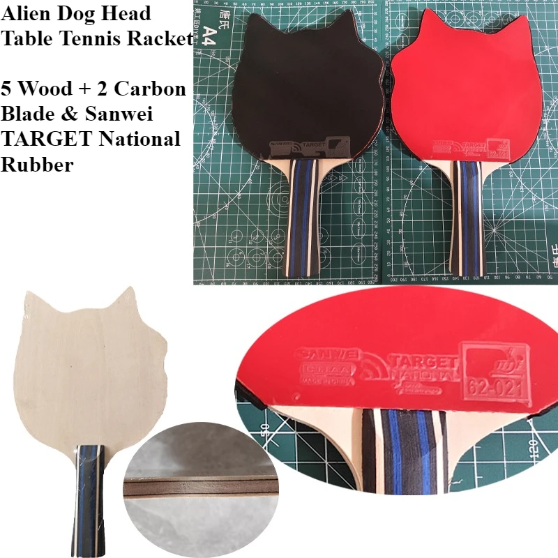 

Alien Dog Head Table Tennis Racket 5 Wood + 2 Carbon Blade with Sanwei Target National Table Tennis Rubber Sheet FL Professional
