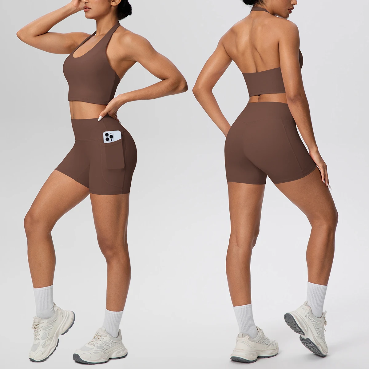 

Комплект для йоги из 2 предметов: однотонный бюстгальтер с красивой спинкой и вставками для груди, быстросохнущие шорты для фитнеса с карманами