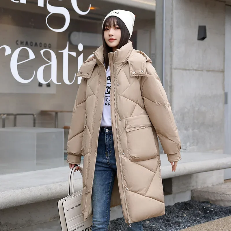 

Women's Fashion Solid Color Big Pocket Hooded Jackets Casual Medium Long Parka new Autumn Winter Rhombic Lattice Loose Coat