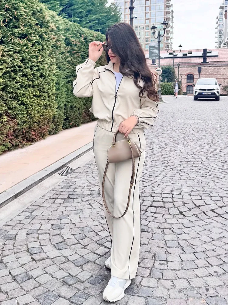 

TRAFZA Women Casual Pants Suit Zipper Stripe Decorate Loose Coat Top+Fashion Elastic Waist Side Pocket Loose Wide Leg Long Pants