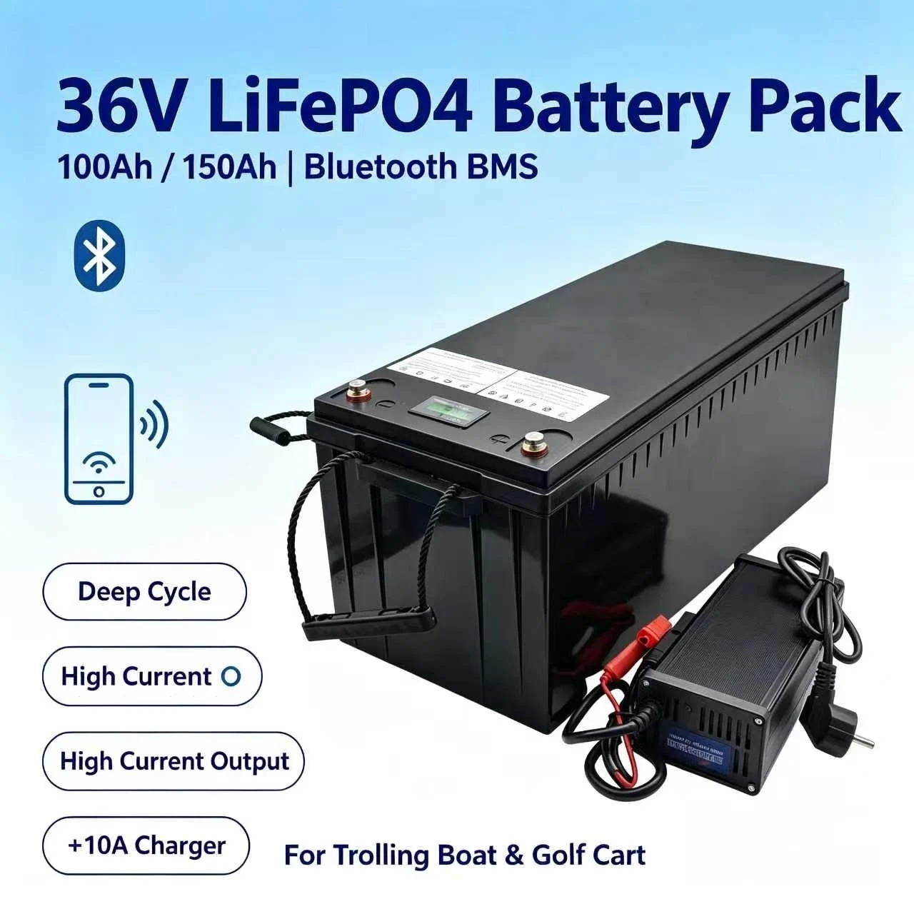 36V 100Ah 100A 150AH 150A Power Supply LiFePO4 Lithium Iron Battery Deep Cycle Choice Bluetooth BMS for Trolling Boat Golf Cart