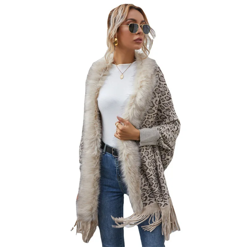 Cardigan con nappe da donna cappotto caldo a punto aperto maniche lunghe scialle leopardato Vintage Oversize inverno Faux Fox Fur Poncho Cape