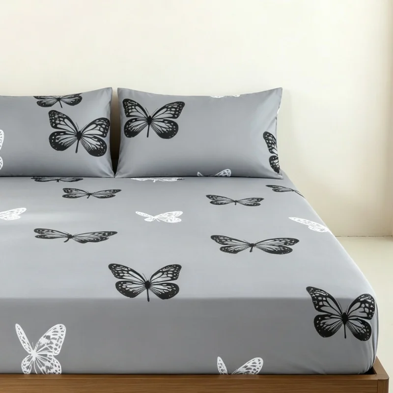 3Pcs butterfly Fitted Bed Sheet With Elastic Band Anti-slip Adjustable bow Mattress Cover (Pillowcase without pillow core))