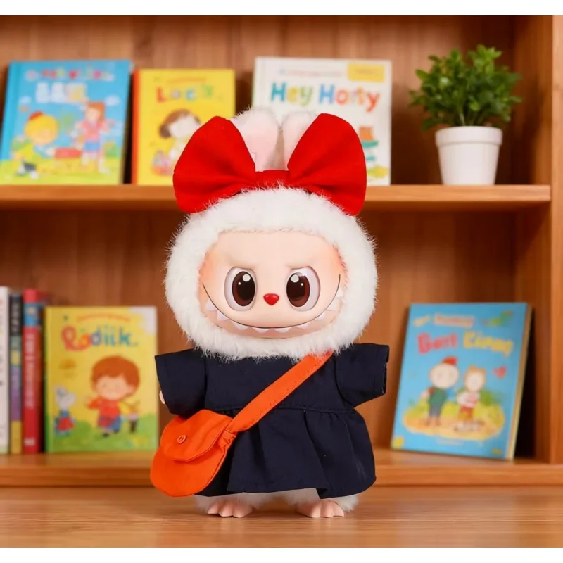 

17cm Plush Doll Dress Up Clothing for Labubu Rabbit Dolls Little Witch Style with Bow HairBand Messenger Bag Baby Doll Toys
