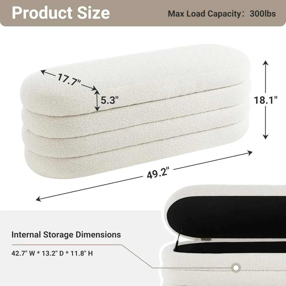 Storage Ottoman Bench Upholstered Fabric Storage Bench for Bedroom End of Bed Aesthetic Large Oval Storage Ottoman