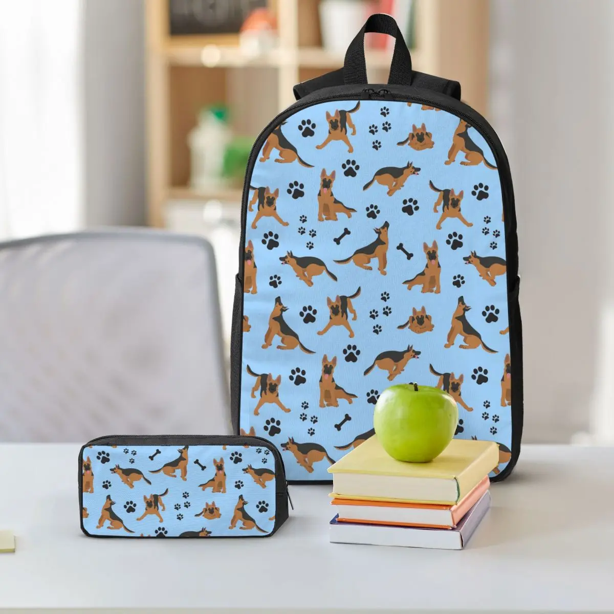 German Shepherd Pattern In Blue Backpack Boys Girls BookBag School Bag Shoulder Bags 3ps Insulated Lunch Bag Pencil Case