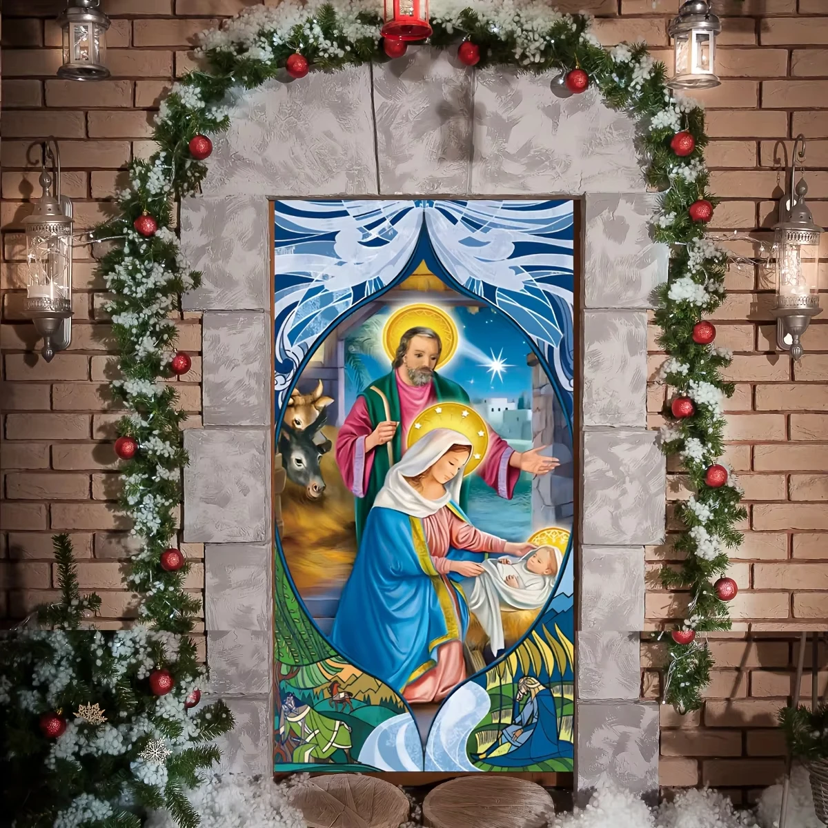 مشهد ميلاد يسوع خلفية عيد الميلاد السنة الجديدة النجوم الساطعة راية الأسرة المقدسة المنزل الدينية الجدار الديكور غطاء الباب #3