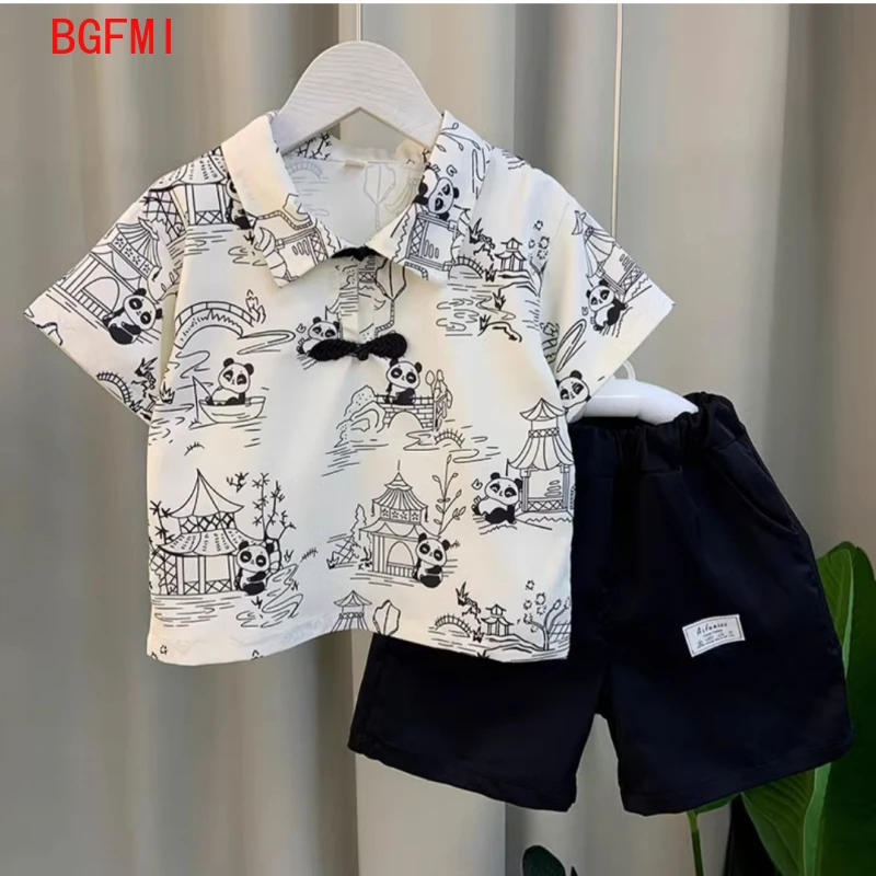 Kids Hanfu Wash Drawing Teenage Boy Summer Children Clothing New Thin Short Sleeves Shirt + Shorts 2 Pcs Children Printing Suit