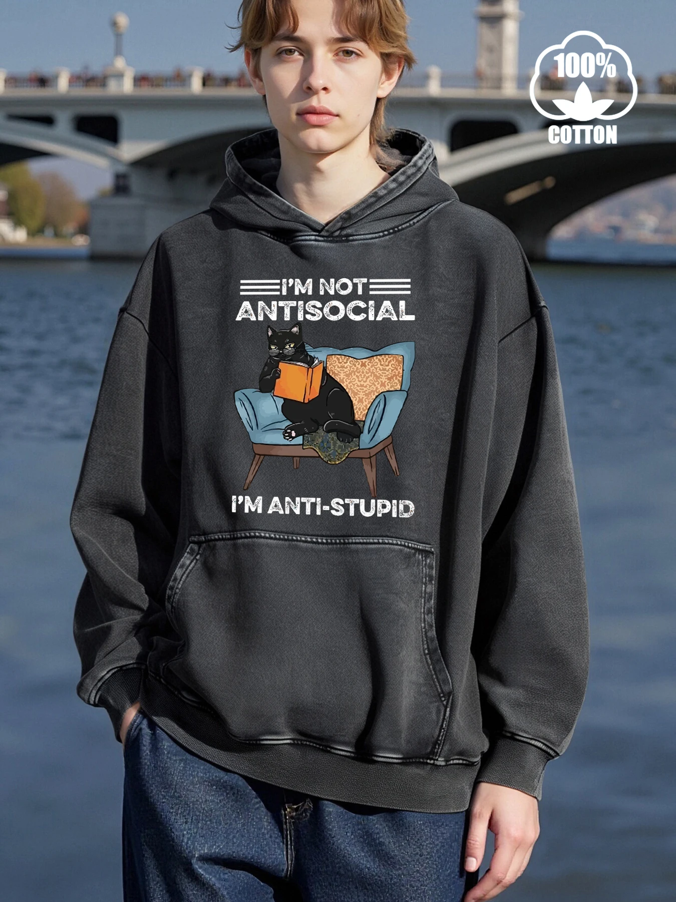 A Cat Reading On Sofa Chair Print Men Hoodie Vintage Loose Streetwear Hip Hop Pocket Clothes Soft Pullover Hoodies Casual