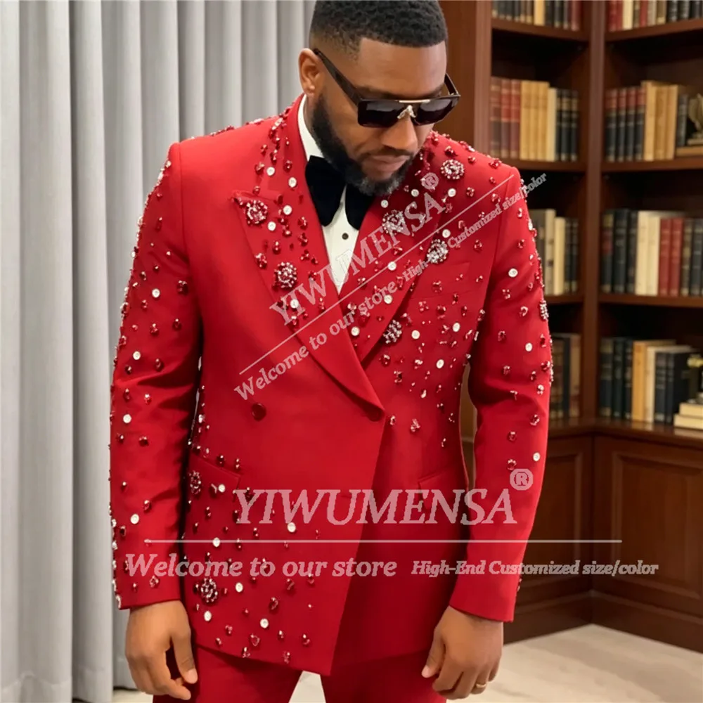 

Exclusive Suit Men For Wedding Diamond Beading Prom Blazer Customized Double Jacket Trousers 2 Pieces Sets Groom Tuxedos Attire