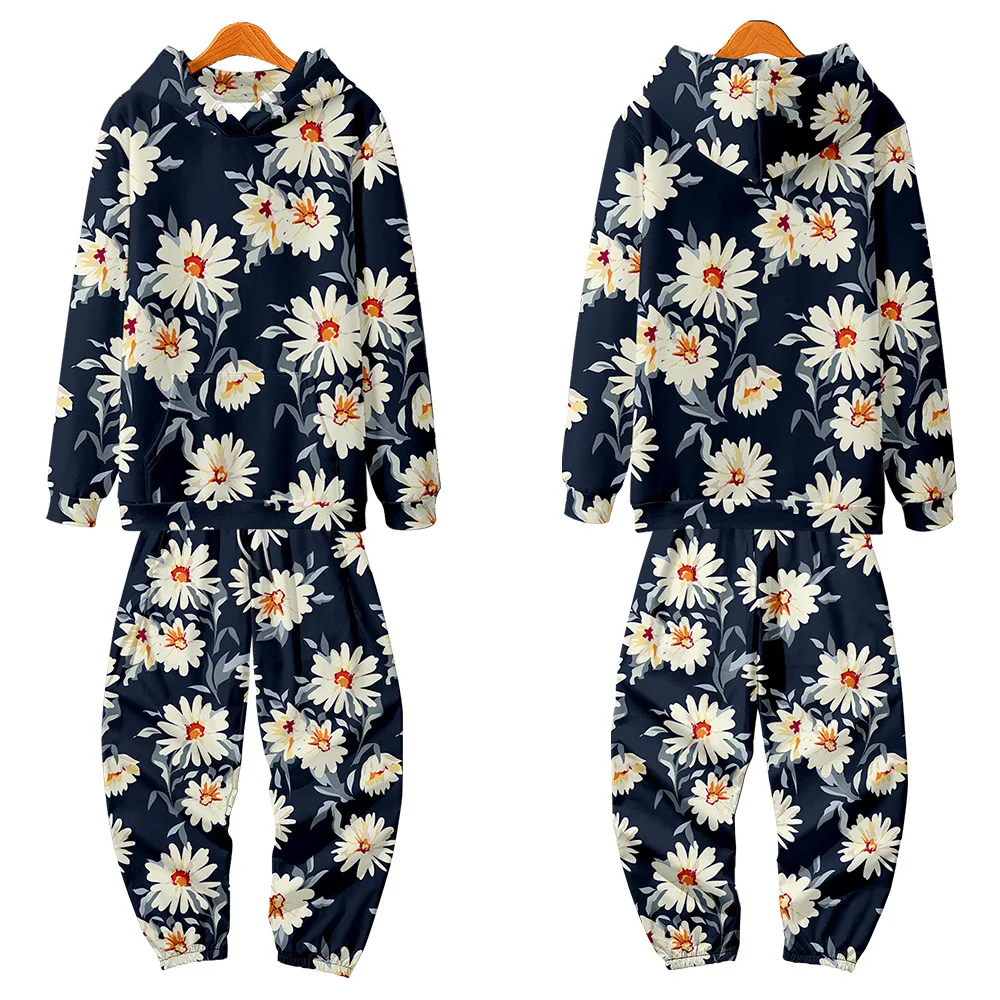 2022 Spring Autumn Hoodie Pullover Sweatpants Set Tracksuit Men Hooded Sweatshirt Floral Print Sportwear Casual Clothes