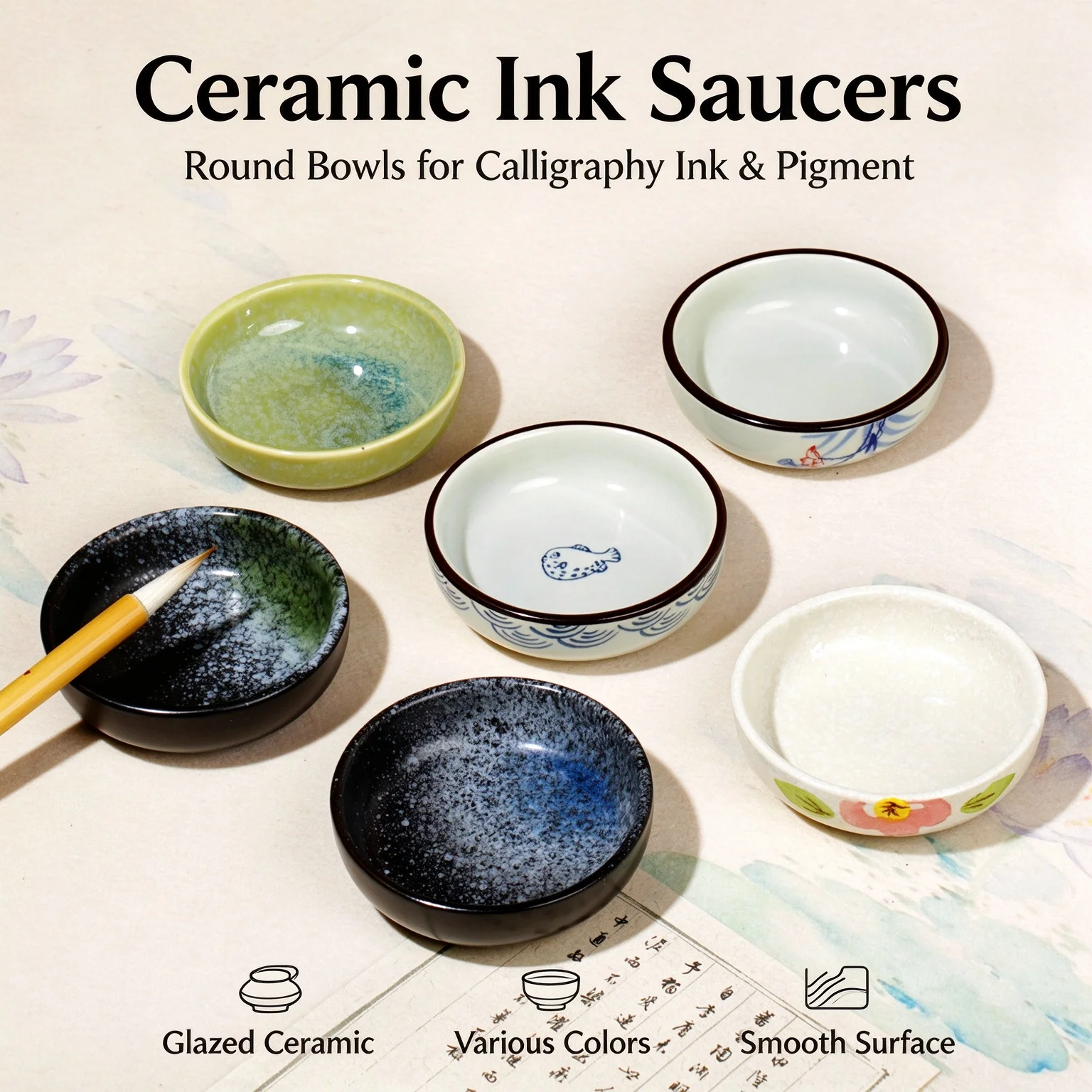 Multifunctional Round Ceramic Ink Dish Small Ink Plate Brush Rest Ink Stone for Student Calligraphy Chinese Painting Supplies