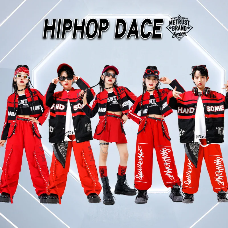 

Kid Hip Hop Clothing Red Motorcycle Crop Jacket Casual Rivet Cargo Pants Skirt for Girl Boy Jazz Dance Costume Clothes Outfits