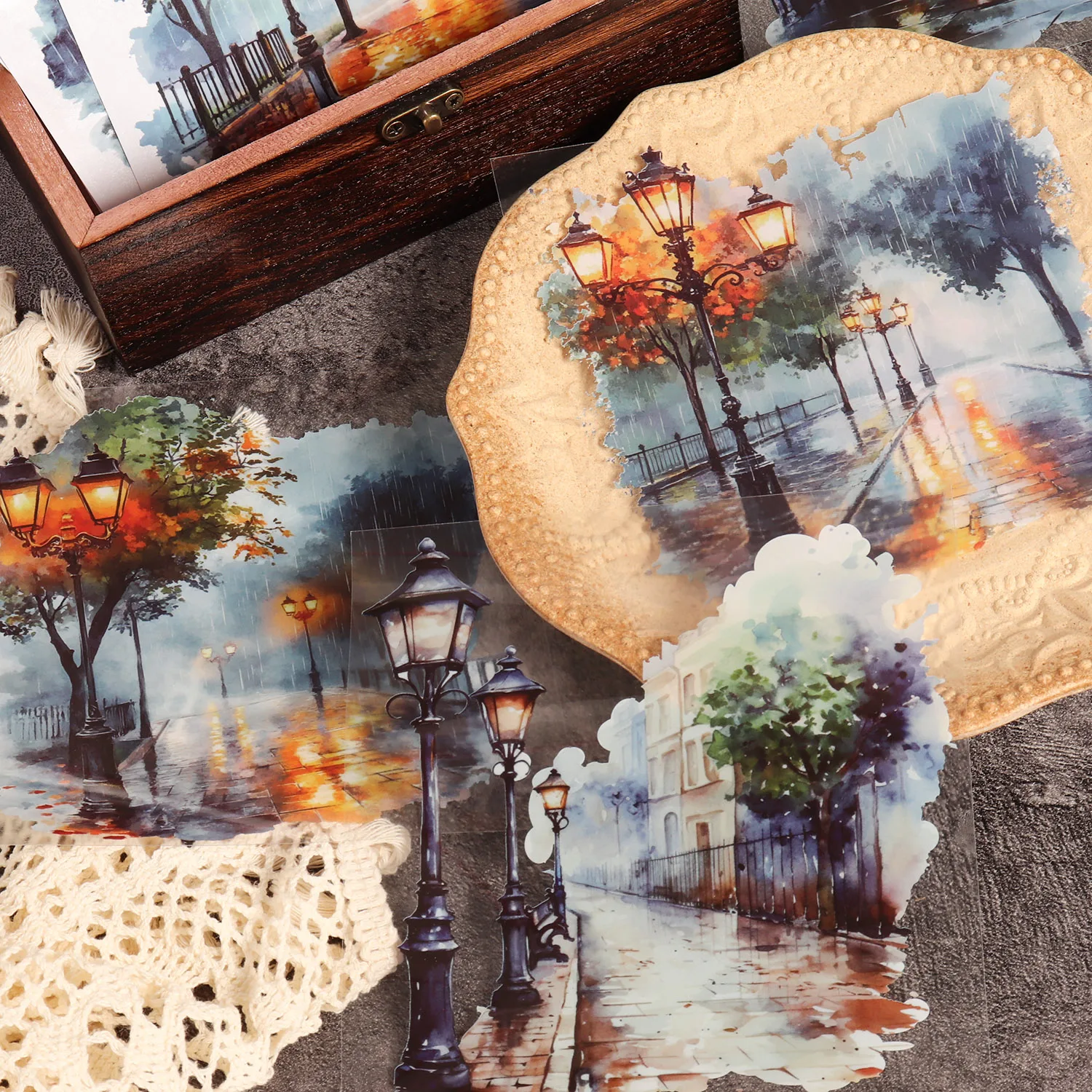 10 Blatt PET-Aquarell-Regenstraßen-großer selbstklebender Aufkleber, für Scrapbooking-Zubehör, DIY-Landschaftsbau – Detail 3