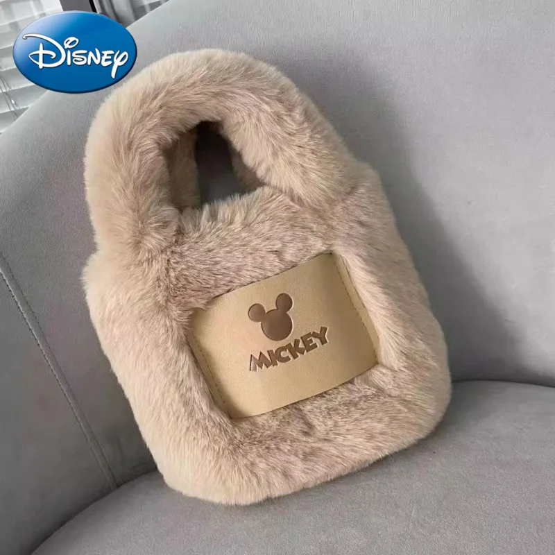 Disney 2024 New Mickey Plush Bucket Bag Internet Celebrity Portable Coin Mobile Phone Bag Cosmetic Bag Fluffy Plush