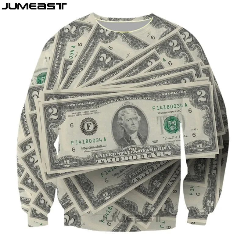 Jumeast Men Women 3D Sweatshirt Money Dollar Banknote Oversized Streetwear Long Sleeve T Shirt Spring Autumn Pullover Tops Tees