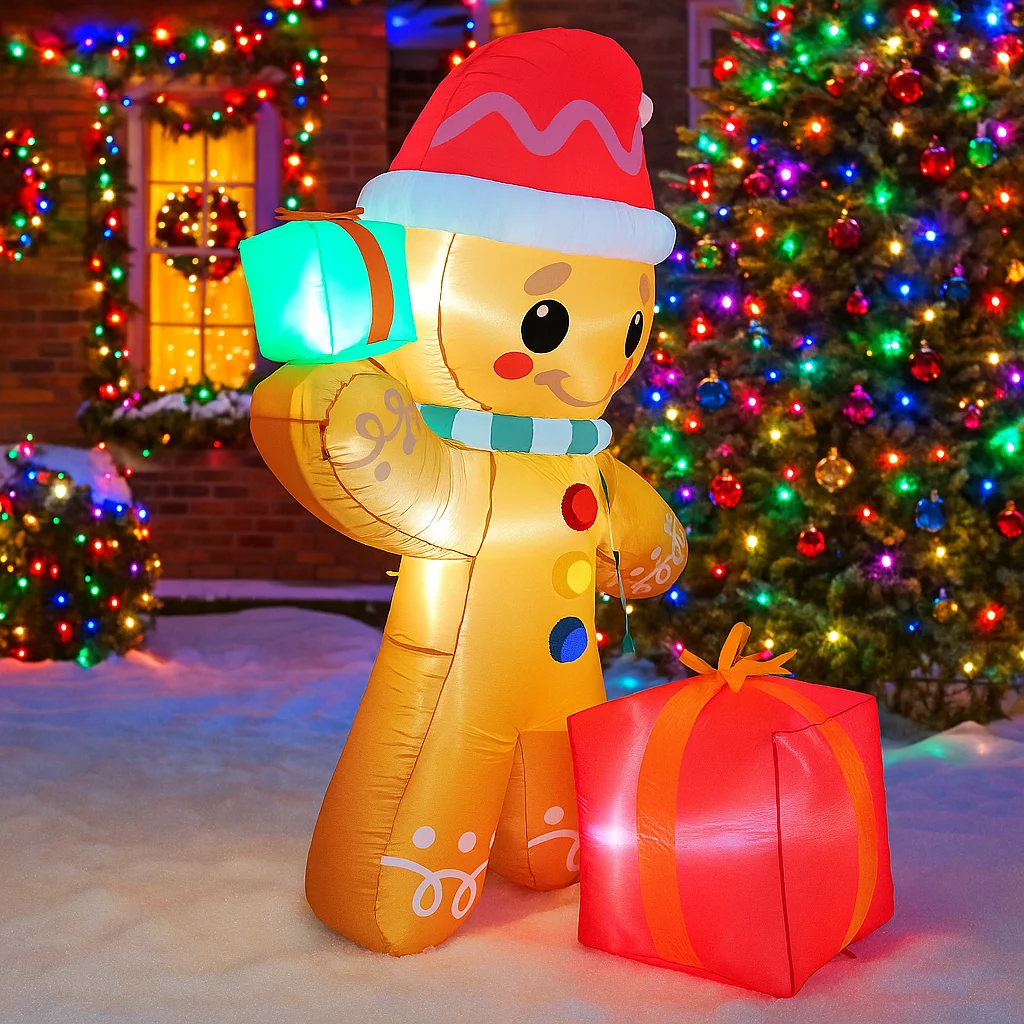 1,8 м/5,9 футов надувной пряничный человечек с подсветкой в подарочной коробке, светодиодные украшения для дома, игрушки, двор, Рождество, уличное праздничное освещение, декор