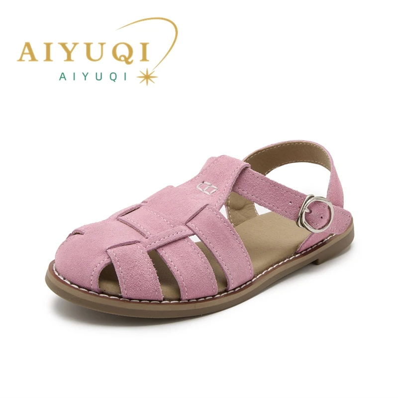 AIYUQI Flat-soled Retro Genuine Leather Hollow Baotou Sandals Women\'s 2024 New Hollow Pig Cage Women\'s Sandals