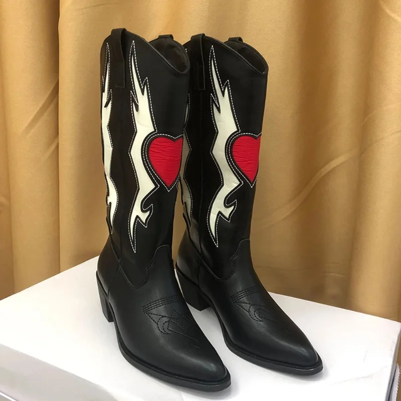 Mujer Female Love Heart Mid Calf Boots Women Cute Cowgirls Cowboy Chunky Heel Vintage Fashion Punk Western Boot Embroidery Shoes