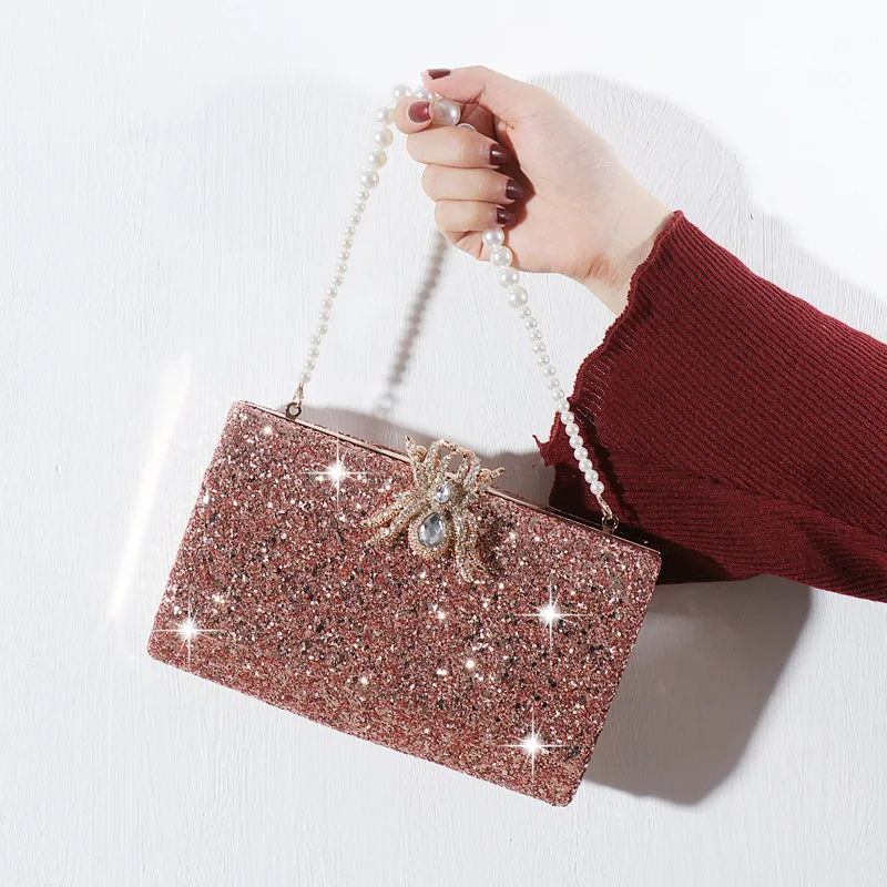 Trendy Fine Rose Gold Frosting Sequin Handbags Korean Women Ladies Wedding Party Evening Bag Clutch Dinner Banquet Shoulder Bags