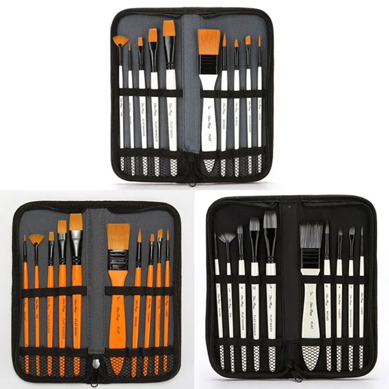 

10Pcs Nylon Hair Oil Acrylic Watercolor Painting Brushes Set Professional Artist Brushes Art Supplies Drawing With Carrying Case